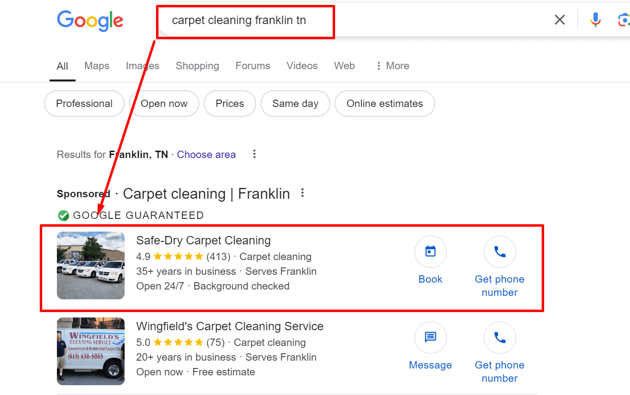 Google Local Service Ads result with the Google Guaranteed badge at the top of search